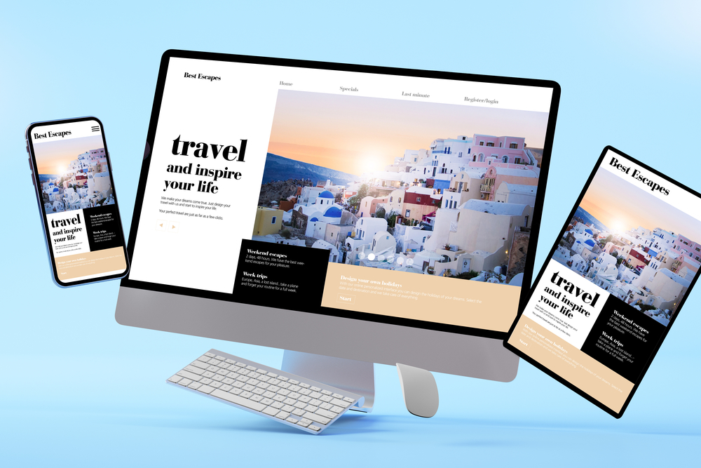 website design showed on a mobile phone, pc monitor, and tablet