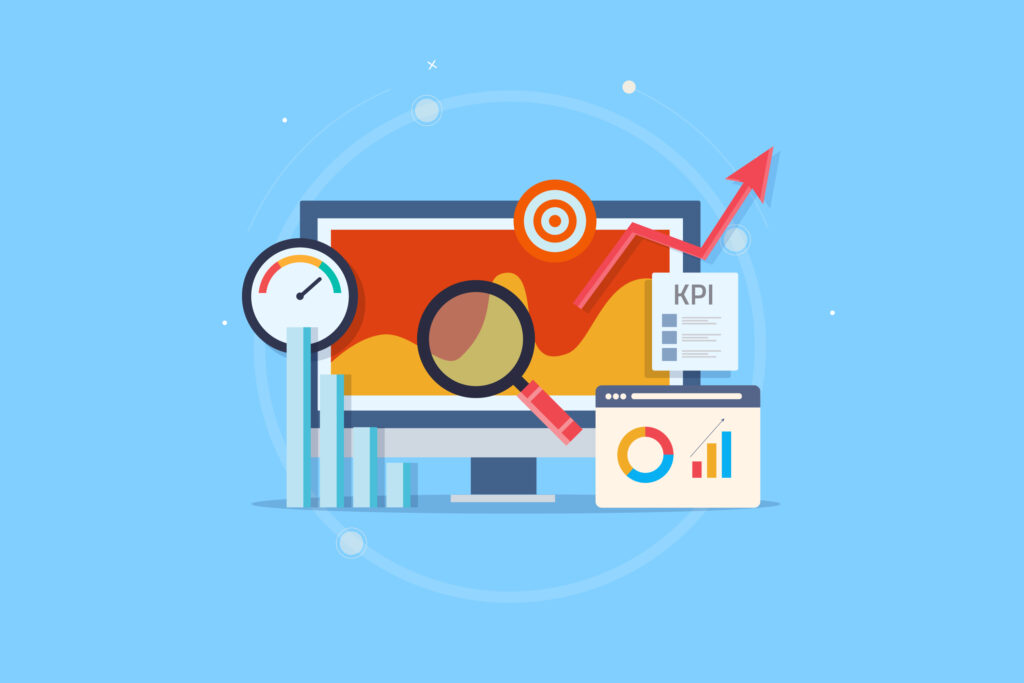 Flat design concept of performance metrics analyzing data on computer screen