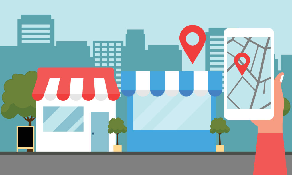 Helping a customer find local business in the city vector illustration