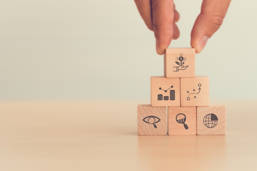 Man placing a wooden cube with money growth icon on top of market, map, finance, visibility, and analysis icons