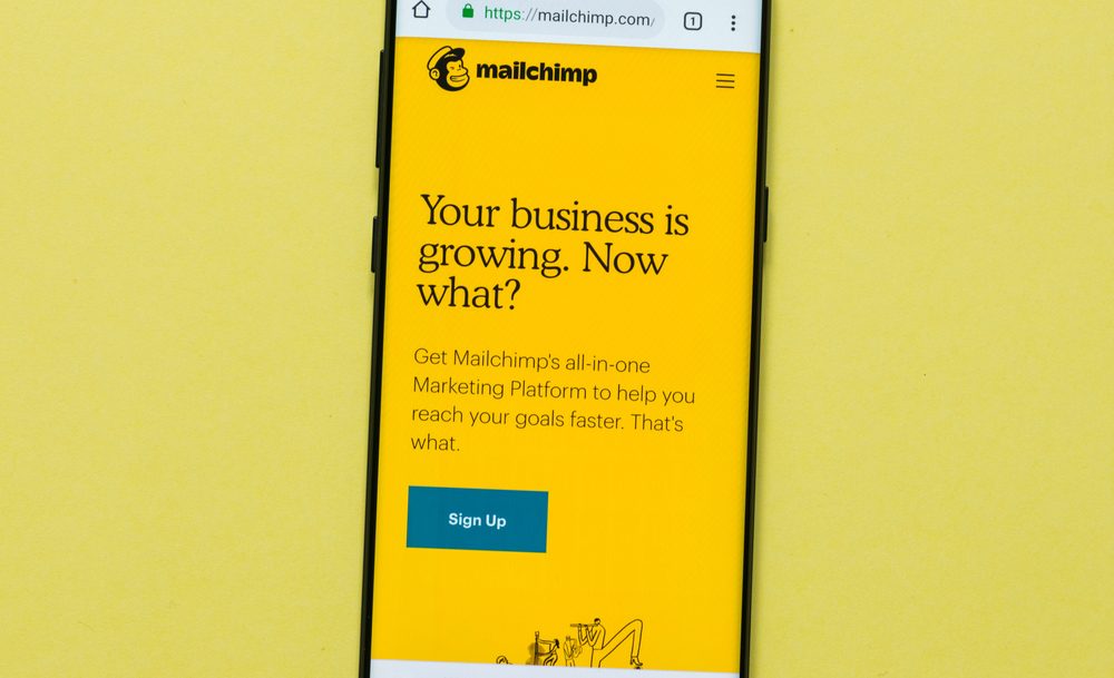 Close up view of Mailchimp website on the smartphone screen.