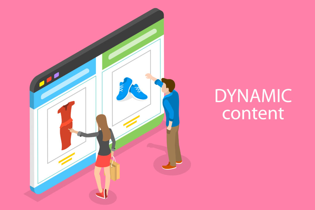 Isometric flat vector concept of two people on dynamic or personalized content