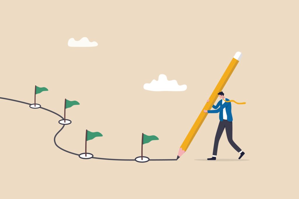 content writer holding a big pencil and walking on the steps of content strategy process vector illustration