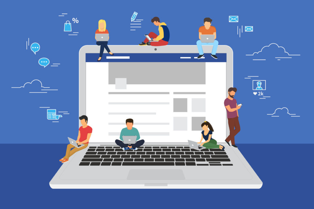 seven people on a big laptop and using their different electronic devices vector illustration