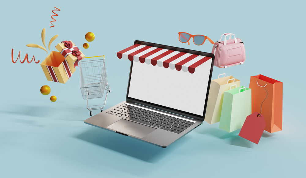 3d illustration of tangible products in an ecommerce website on laptop