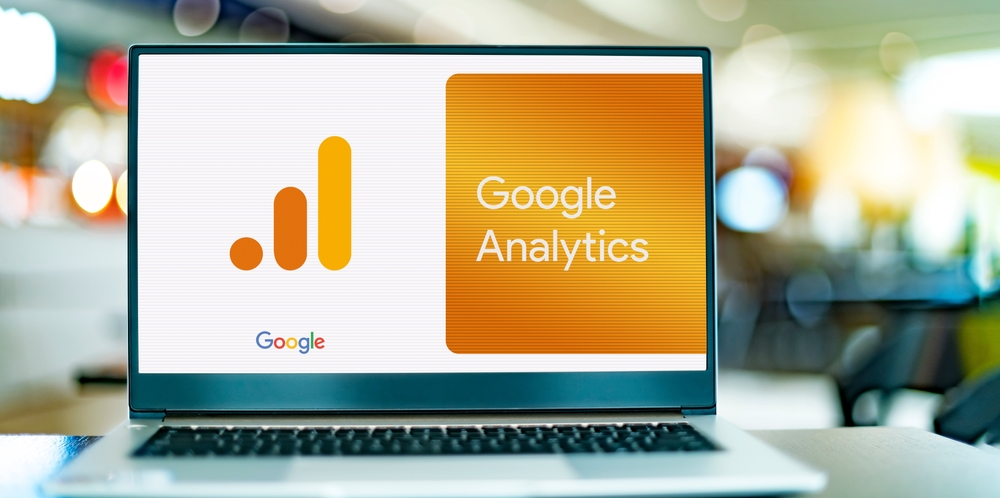 Laptop computer displaying logo of Google Analytics