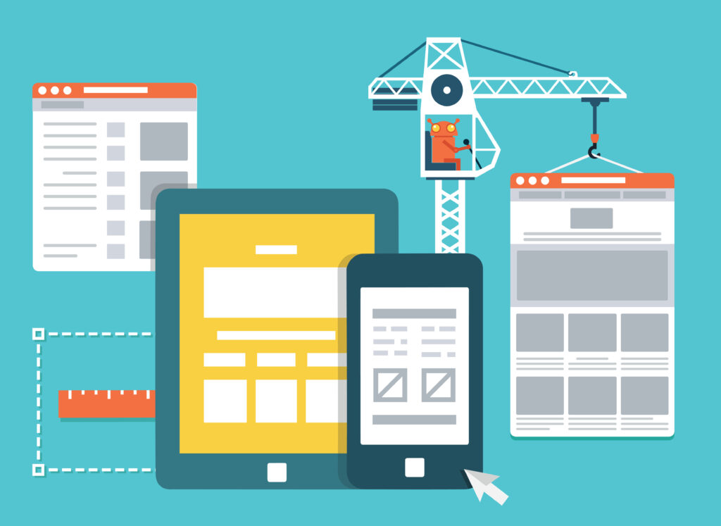 crane lifting a site page and dashboards on screens website structure concept vector illustration