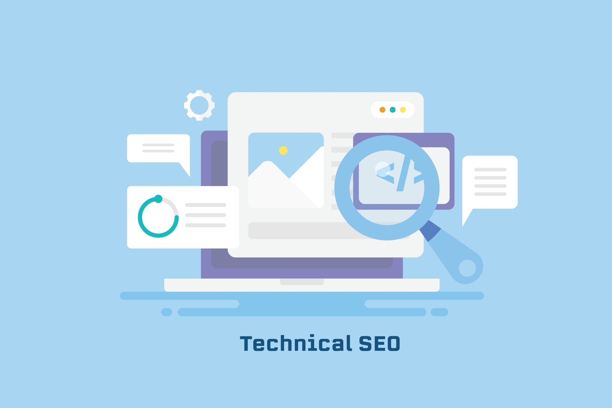 magnifying glass looking through website as concept of technical SEO vector illustration