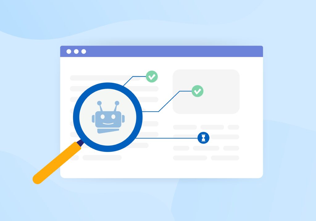 magnifying glass on search engine robot on website content
